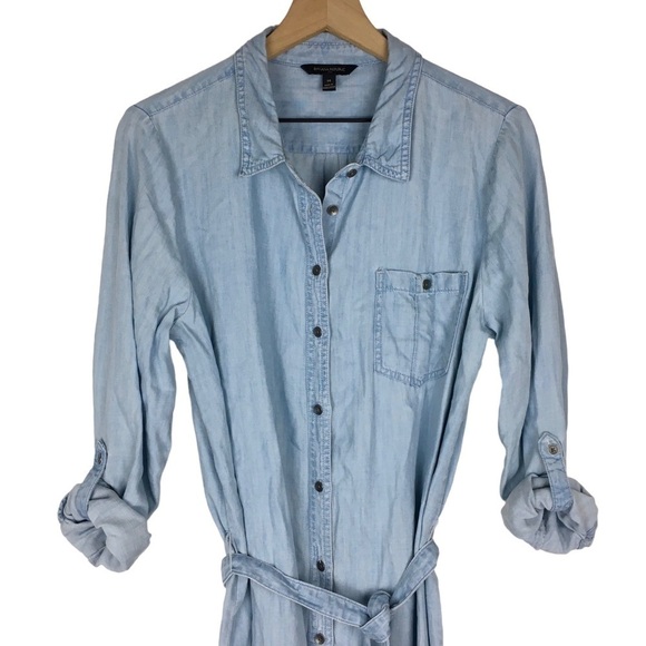 BANANA REPUBLIC Chambray Shirt Dress Light Wash Tie Waist Roll Tab Plus Size 14 - Picture 3 of 14